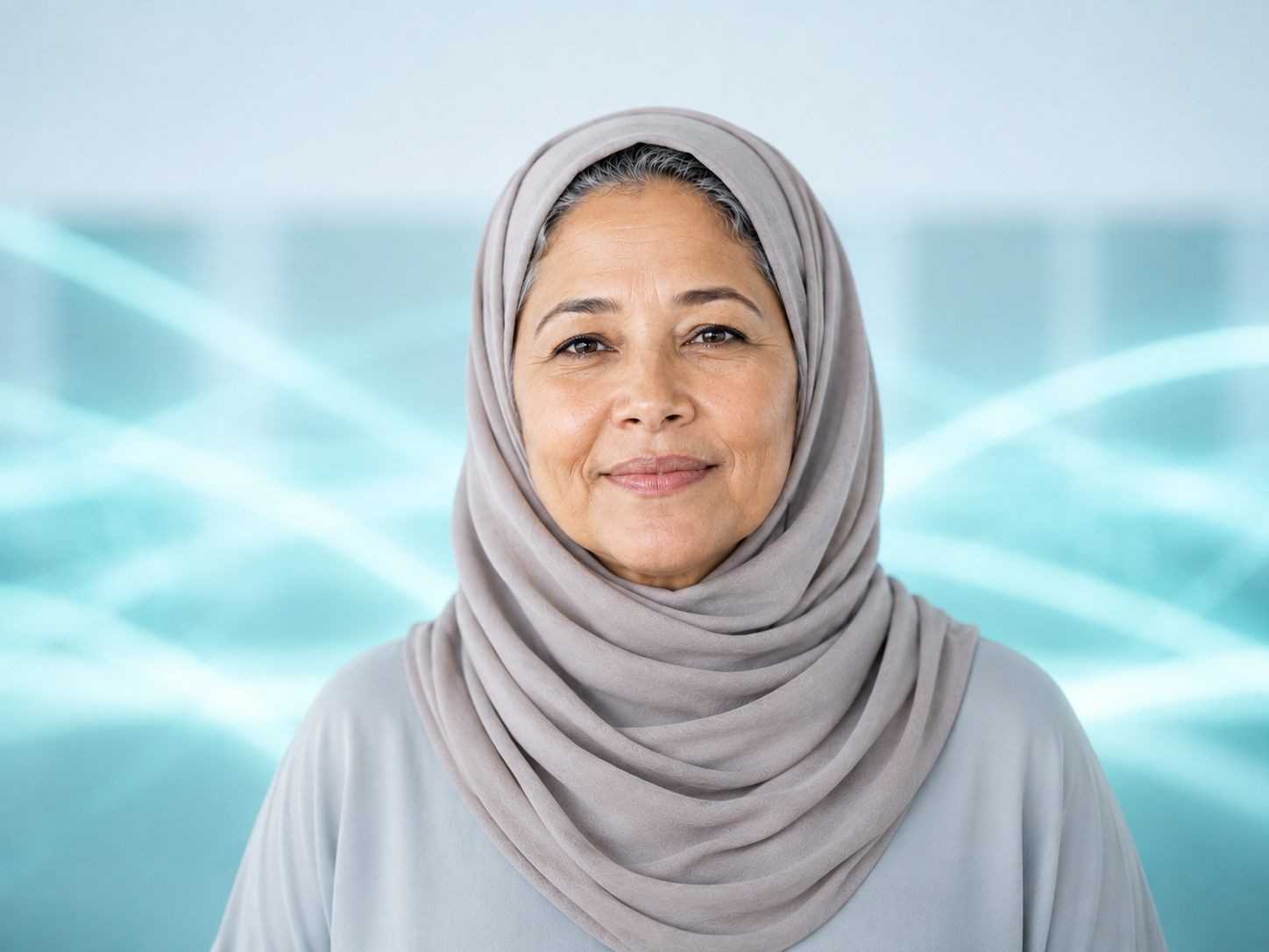 A woman looking ahead, surrounded by soft signal traces